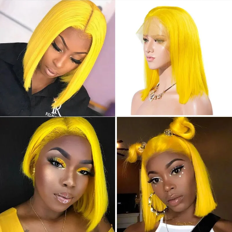 10-16inch 13x4 Short Bob Grey Lace Front Wig,Yellow Wigs,Raw Cutile Aligned Virgin Straight Colored Human Hair Wig