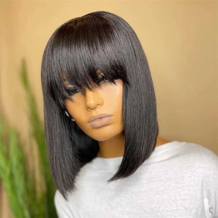 100% natural black short bob wig with bangs for black women, brazilian virgin remy straight human hair fringe bob style cut wig