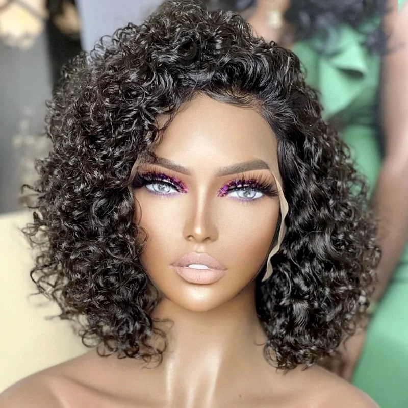 10inch 150% 180%  density  Kinky Curly Brazilian Human Hair HD Lace Frontal Wig For Black Women 4x4 5x5 HD lace closure wig