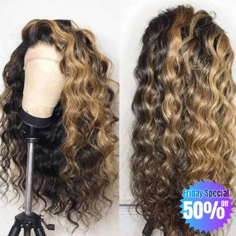 【Friday Special 50% Off】13x6 Skin Melt Lace Front Honey Blonde Highlight Wavy Wig with Delicate Hairline