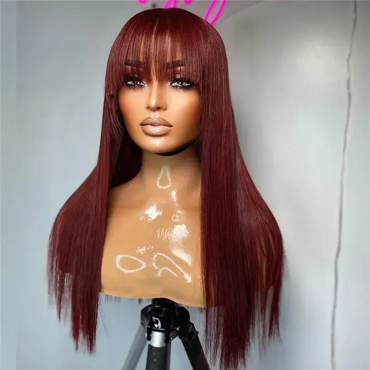 16''18''20''22''24'' Red Color Remy Human Hair 150%180% Density Silky Straight Transparent Lace 360 Lace Front Wig With Bangs