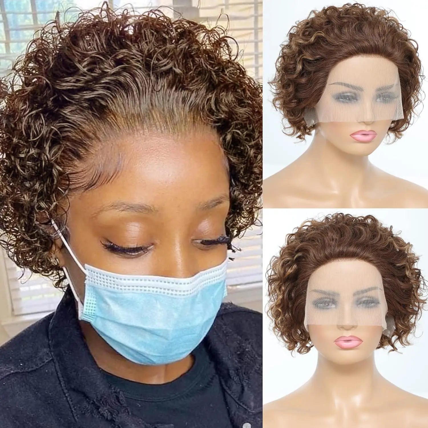 #4/27 Highlight Brown Pixie Curly Bob Wigs 13x1 Lace Front Wig Short Deep Curly 13x4 Transparent Lace Frontal Wig With Full Lace