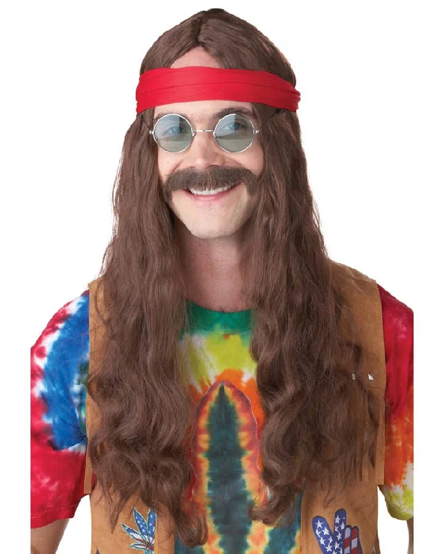 60s Hippie Man Long Brown Wig and Moustache