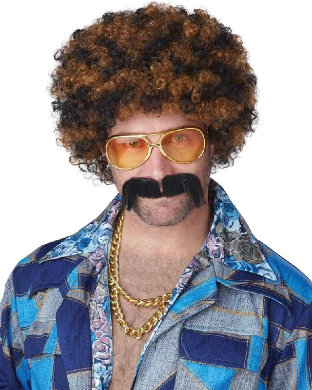 70s Disco Dirt Bag Black and Brown Afro Wig and Moustache