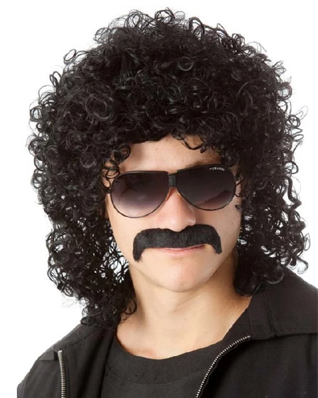 80s Man Perm Style Black Wig and Mo Set