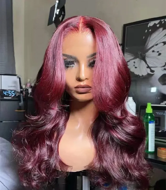 Burgundy Wavy Wigs Brazilian Human Hair