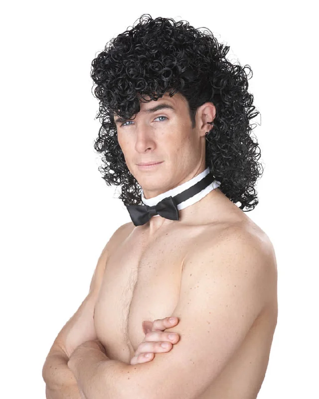 Black Curly Mullet Wig with Collar and Tie