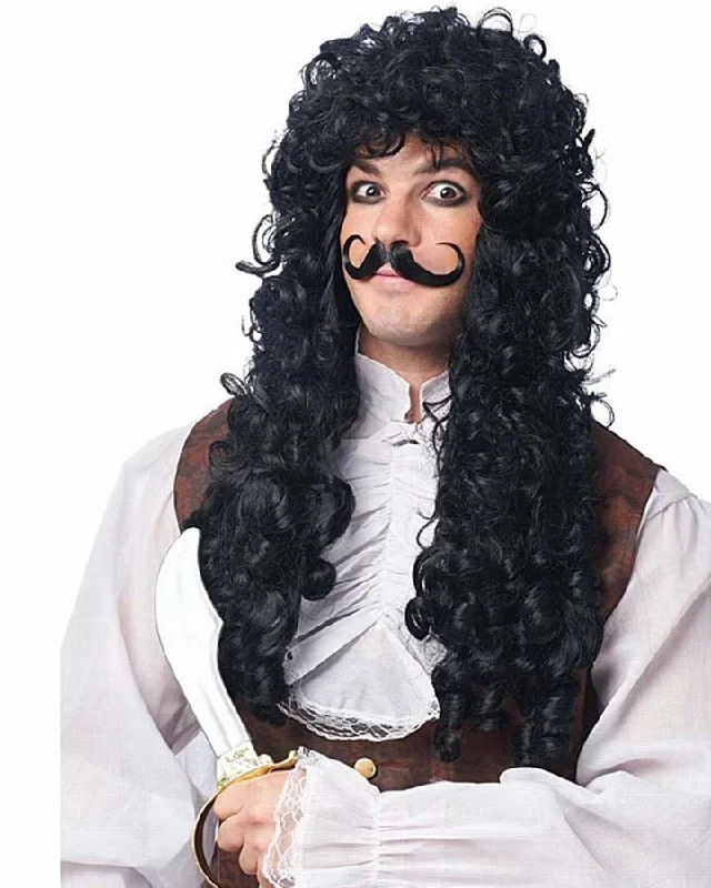 Captain Hook Curly Long Black Wig and Moustache