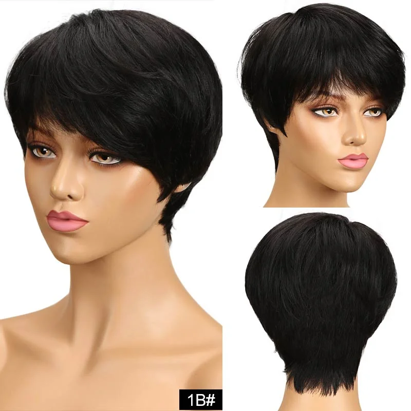 Cheap Short Straight Wig With Bang Pixie Cut Brazilian Full Machine made Natural black Red Brown Human Hair Wigs For black women