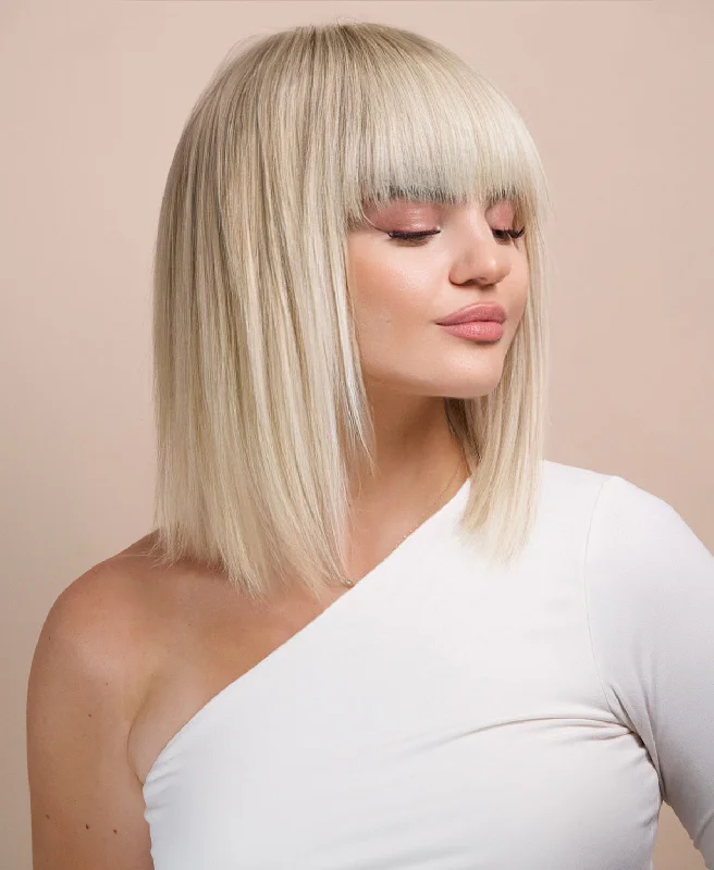 bob wig with fringe - 10" rooted platinum blonde.