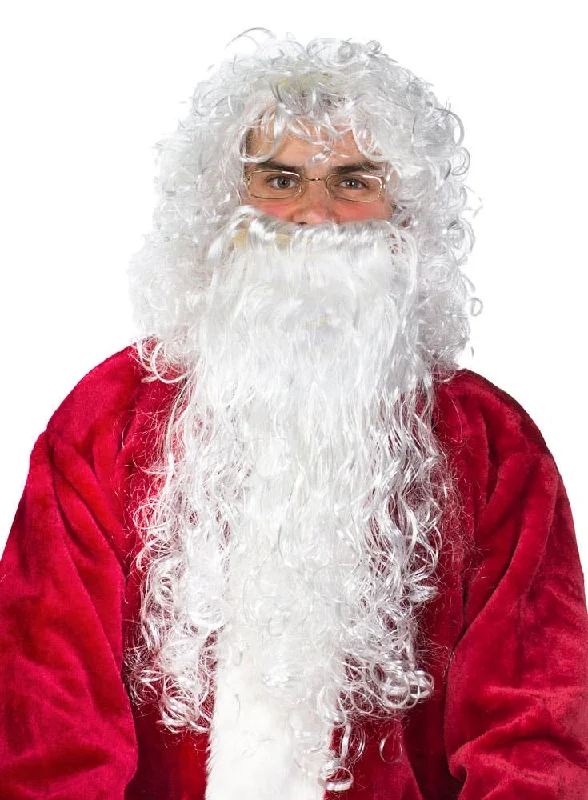 Classic Mens Curly White Santa Beard and Wig Set