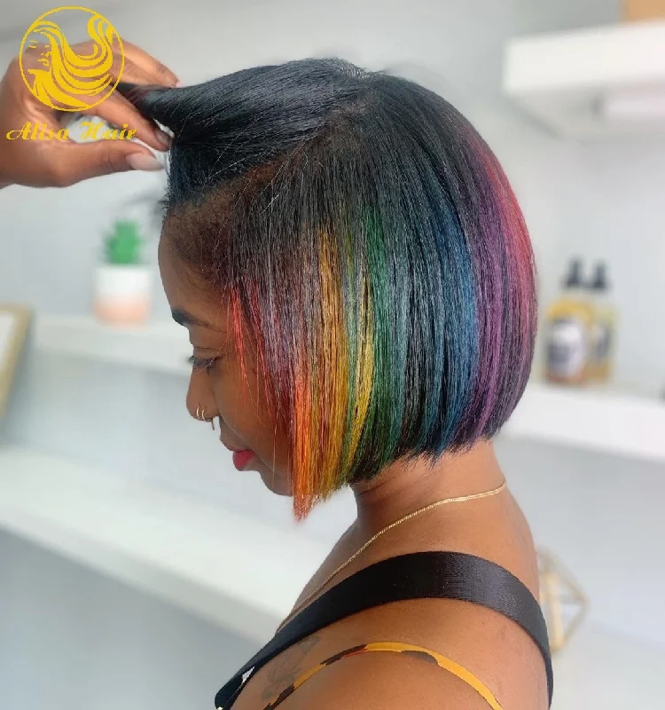 Customized Rainbow New Style Wig Short Straight Bob Colorful Brazilian Virgin Human Hair Lace Front Wigs