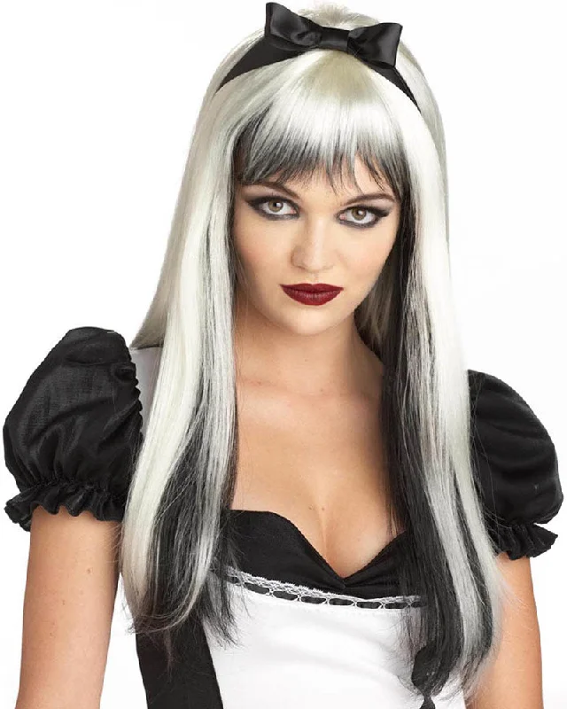 Enchanted Alice Long Black and White Wig with Hair Bow