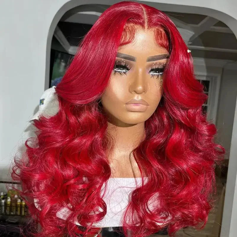 Fire Red Colored 4x4 Closure Wigs With Baby Hair 100% Human Hair Wigs Transparent 13x4 Body Wave Lace Frontal Wig For Women