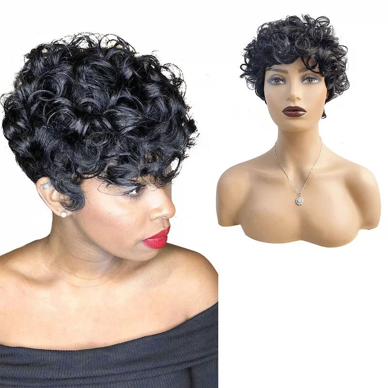 Free Shipping 100% Remy Raw Indian Hair Short Pixie Curly Human Hair Wig Bob Wigs 8 10 Inch Full Machine Made Pixie Wig