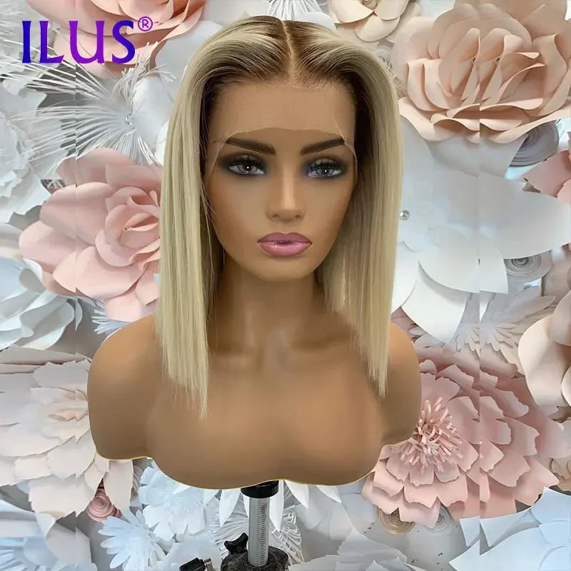 Free Shipping Full HD Lace Front Human Hair Wigs For Black Women Colored Short Bob Wigs Straight T4/613 150% Brazilian Hot Sale