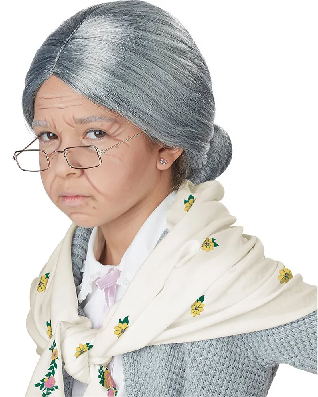 Grandma Babushka Kids Wig Glasses and Shawl Set