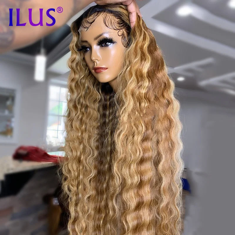 HD Transparent Lace Human Hair Wigs Ombre Blonde Colored 360 Full Lace Front Human Hair Wigs For Black Women Deep Wave Brazilian