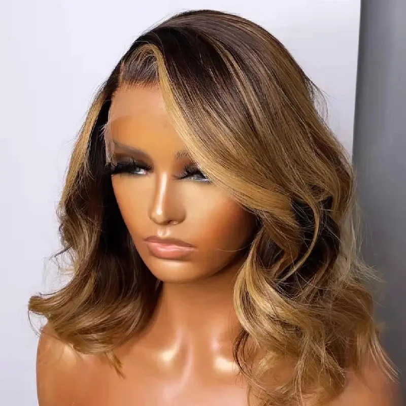 Hot Selling Highlight Brown Wavy Short Bob Wig Human Hair Lace Front Wigs T-part Wigs