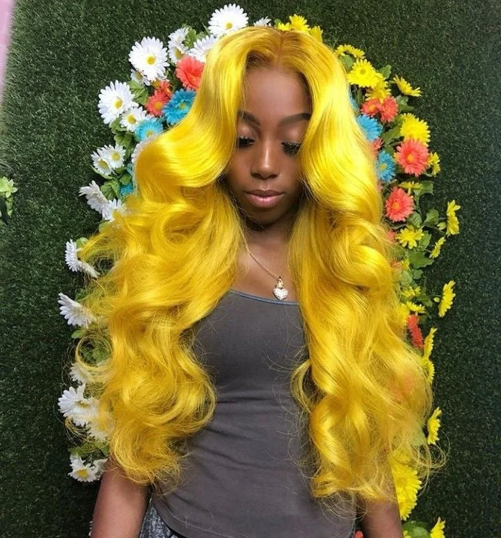 Human hair 180 density 24inch long 10a body wave double drawn peruvian hair yellow 360 glueless lace front wig for women