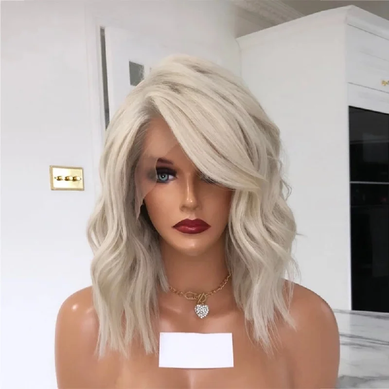 Icy Platinum Blonde Short Bob  13x4 Lace Front Human Hair Wigs Remy Hair 14" Loose Wave Wig Transparent Lace Wigs