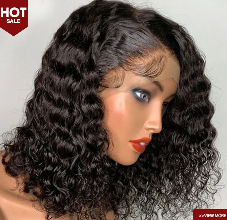 invisible Knots Wig Unprocessed Indian Full Cuticle Human Hair Water Wave Curly Transparent 360 Lace Front Water Wave Bob  wigs