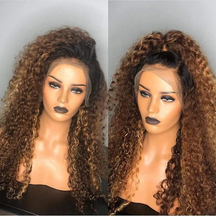 Kinky Curly Cuticle Aligned 1B/30 Brown Color Mink Peruvian Human Hair 360 Lace Wigs