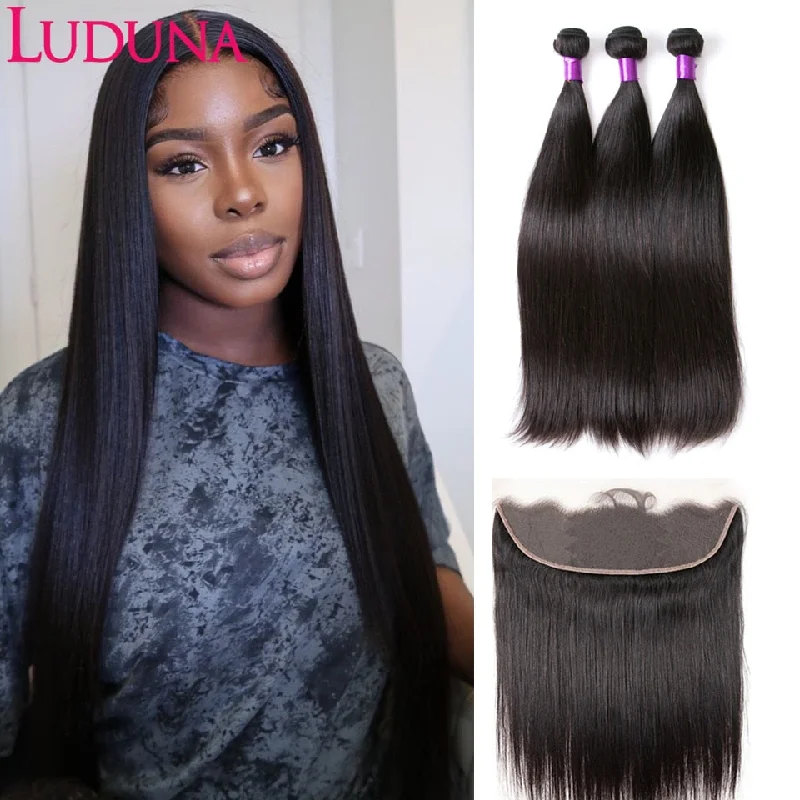 Luduna Bundles With Frontal Indian Straight Hair Bundles Human Hair Weave 3 Bundles With 13x4 Transparent Lace Frontal Remy Hair