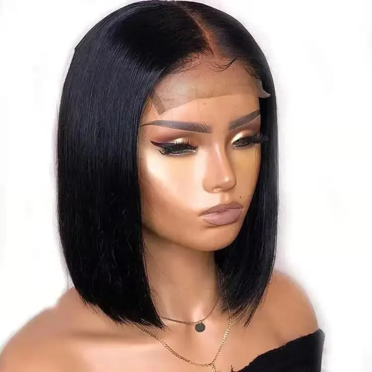 Natural Color Bob Silky Straight Middle Part Pre-plucked Brazilian Human Hair Lace Front Wigs