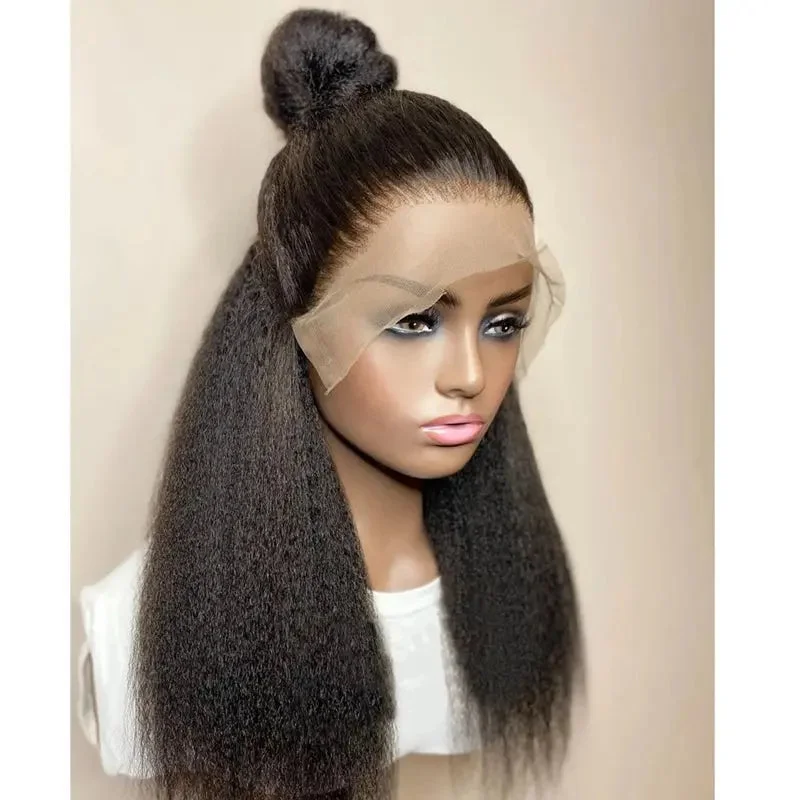 Pre Plucked Kinky Yaki Straight Wig Natural Black Cuticle Aligned Virgin Human Hair 13*4 Lace Front Wigs