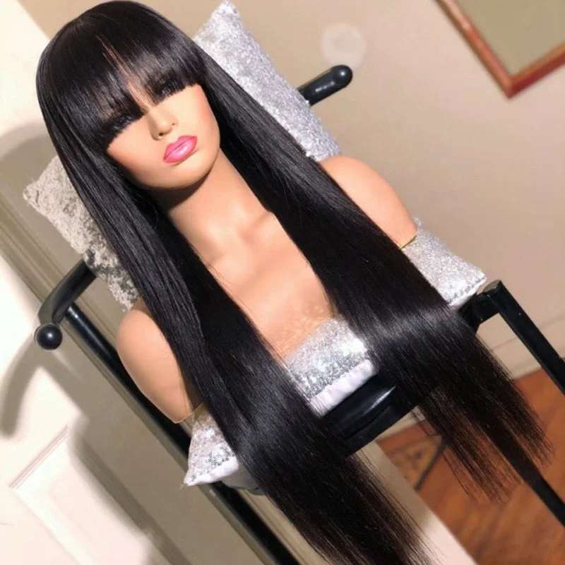 Pre Plucked Long Straight Natural Color Virgin Brazilian Human Hair 360 Lace Wig With Bang