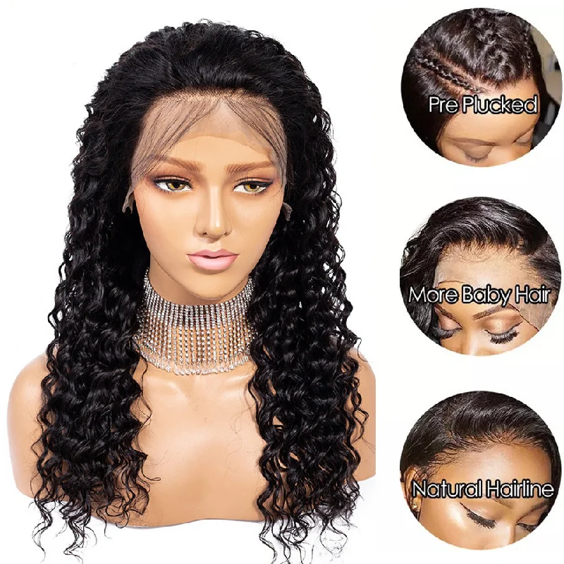 Pre-prucked Baby Hair Long Full HD 360 Front Lace Wig Deep Wave 100% Virgin Human Hair Wig