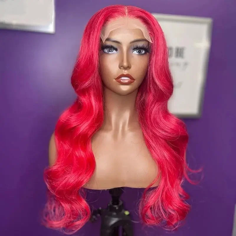 Red Color Body Wave Cuticle Aligned Virgin Pre-plucked 100% Human Hair 13*6 Lace Front Wig