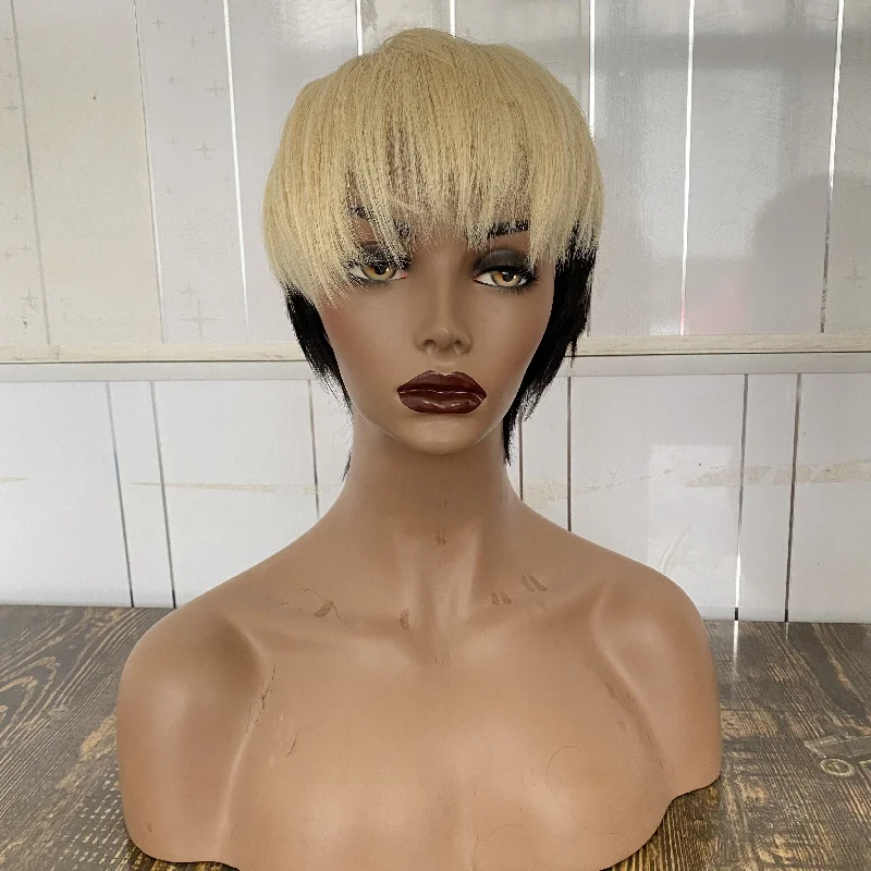 Short Bob Straight Pixie Cut None Lace Wig Ombre Black to Blonde Color Human Hair Lace Front Wigs