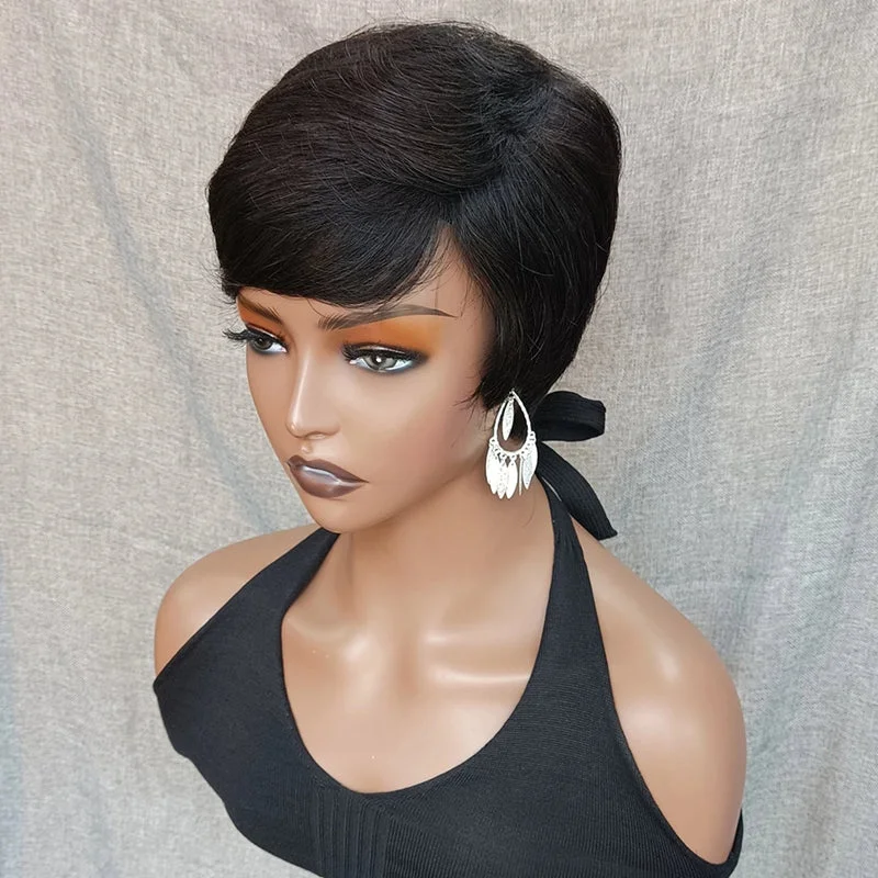 Short Bob Straight Wigs With Bangs Brazilian Virgin Hair Pixie Cut Wig Natural Black Color Human Hair Wig For Women