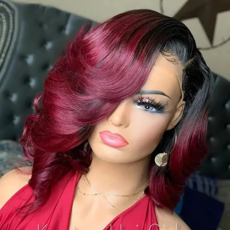 Stock Wig Ombre Burgundy Color Curly Brazilian Remy Human Hair Pre-plucked Lace Front Wig For Black Women