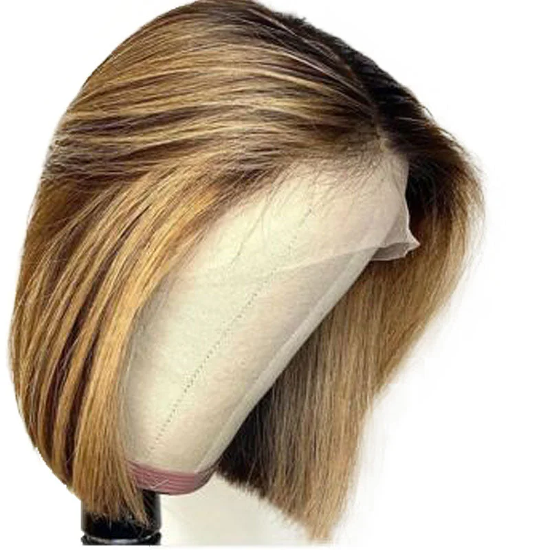 Straight Short Human Hair Wigs Mixed Color Brazilian Bob T Part Lace Front Wigs For Women