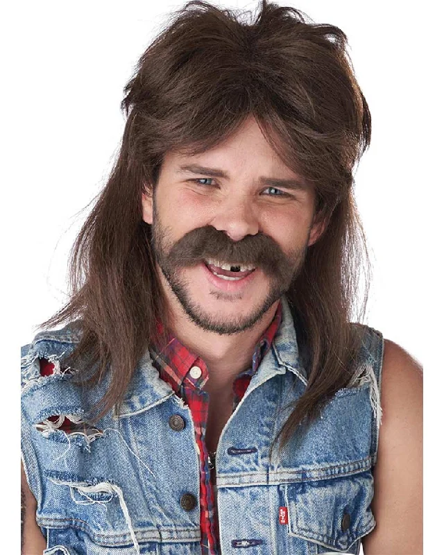 The Lone Wolf Brown Mullet Wig and Moustache