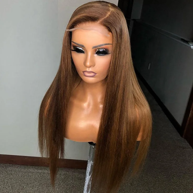 Transparent Lace Long Silky Straight Brown Color Side Part Remy 100% Brazilian Human Hair Lace Front Wigs