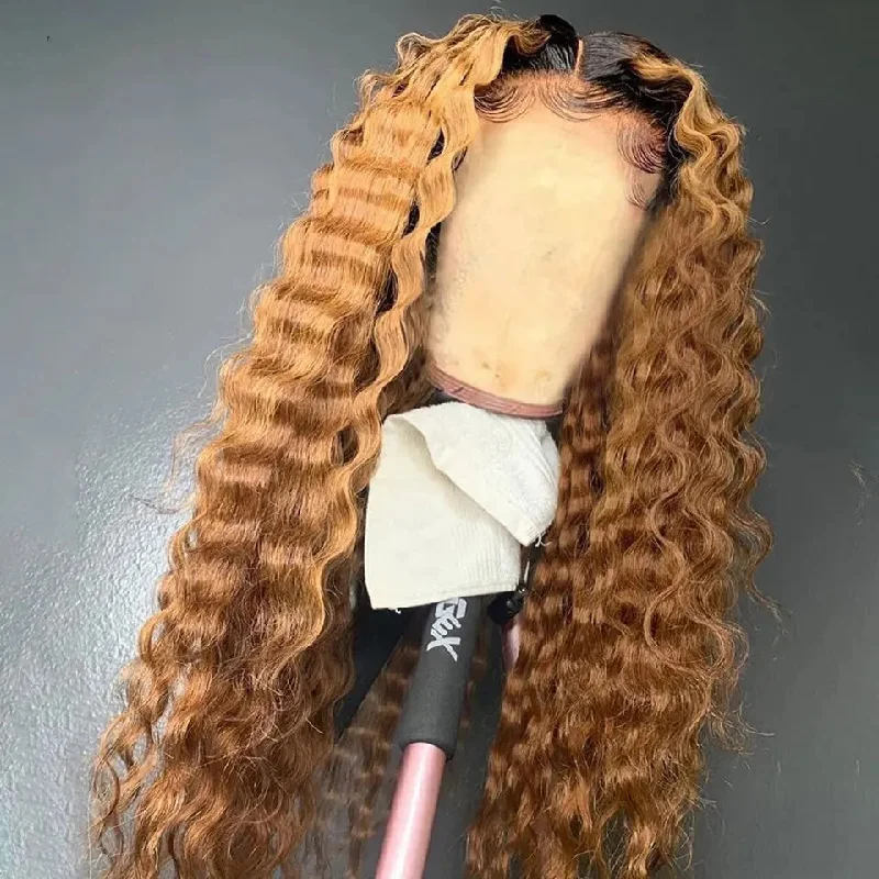 Water Curly Ombre Brown Color Brazilian Virgin Cuticle Aligned Human Hair Lace Front Wigs