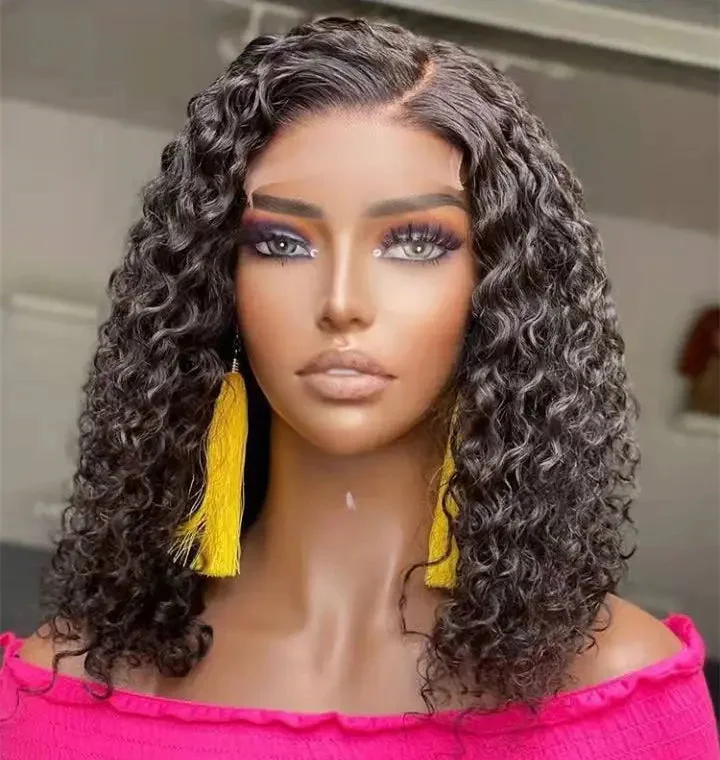 Wholesale Afro Wave Bob Wigs Natural Black Raw Indian Human Hair13*4 Lace Front Wig