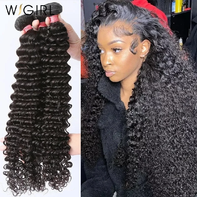 Wigirl Deep Wave 28 30 32 40 Inch Remy Brazilian Hair Weave Human Hair Bundles Natural Color 100% Curly Human Hair Extension